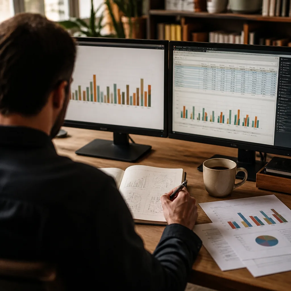 A PlayObserve analyst writing a report beside monitors of funding charts and spreadsheets