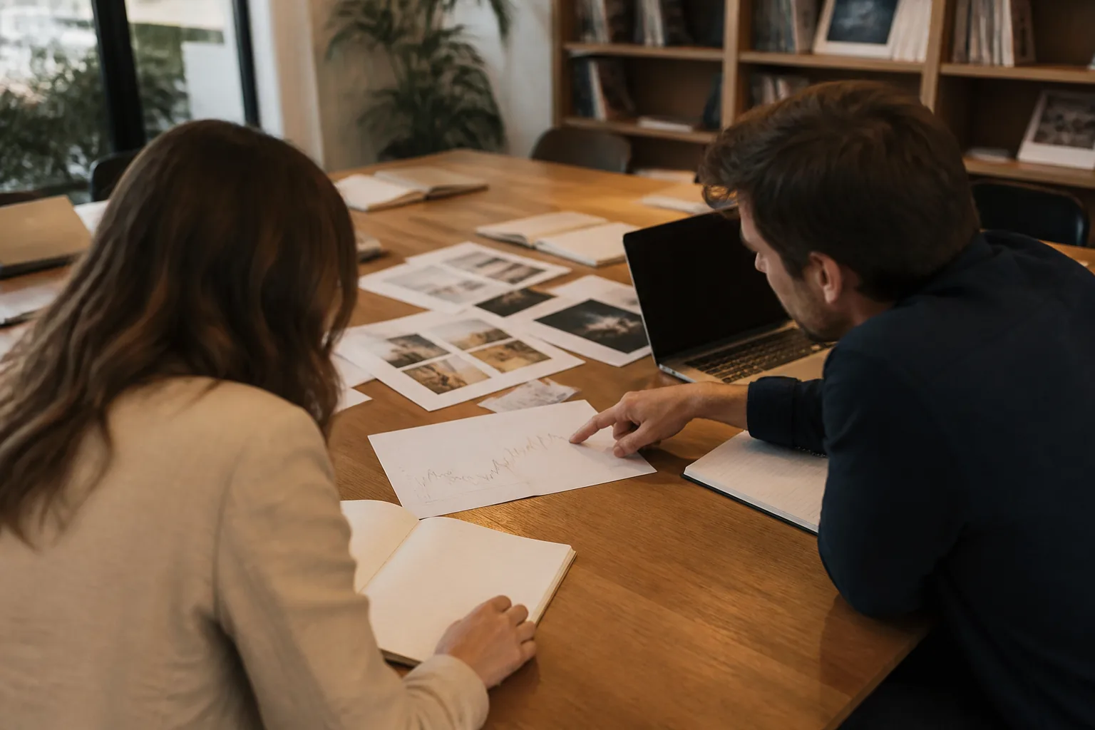 Two PlayObserve editors reviewing a printed line chart together at a desk
